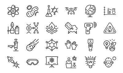 Set of 24 Science and Laboratory Line Icons Chemistry, Biology, Physics, Research, Safety, and Technology Symbols in Minimal Outline Style