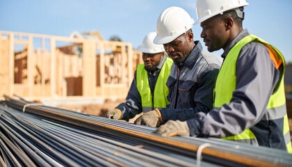 A lively worker uses safety gear to organize rebar and materials at a high-rise building framing construction site.