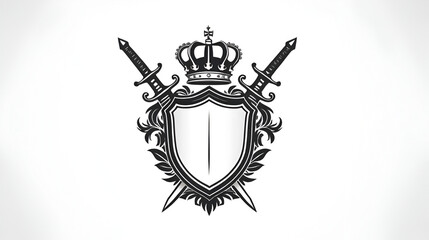 Obraz premium Sword Shield silhouette, Heraldic emblem crest shield with crown on white background.
