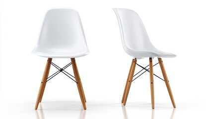 Two identical white plastic chairs with light brown wooden legs, presented side-by-side against a plain white background. 