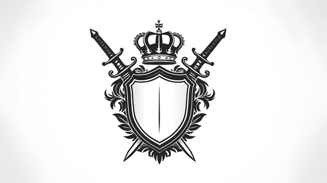 Sword Shield silhouette, Heraldic emblem crest shield with crown on white background.