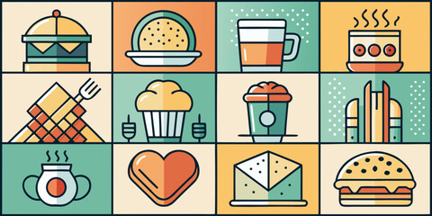 A vector icon set illustrating vintage food, drink, and bakery items like coffee, cake, bread, pizza, and burgers, perfect for restaurant menus and cafe designs