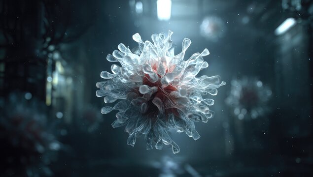 Viral structure in dark, futuristic lab