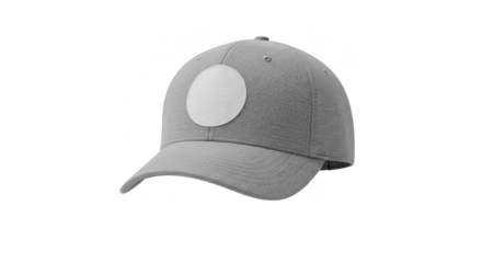 Stylish grey baseball cap mockup with a blank front patch for custom logo design, isolated on white