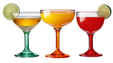 Vibrant Trio: Three exquisite glasses showcase a trio of bright, fruit-infused cocktails, garnished with fresh citrus slices, inviting you to a refreshing experience