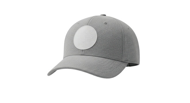 Stylish grey baseball cap mockup with a blank front patch for custom logo design, isolated on white