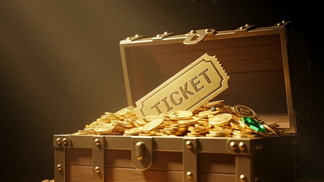A wooden treasure chest overflowing with gold coins and a single ticket.