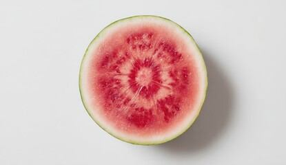 Close-up of a watermelon slice, displaying vibrant red flesh and a unique patterned seed cavity