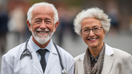 Smiling elderly doctor and woman standing outdoors professional