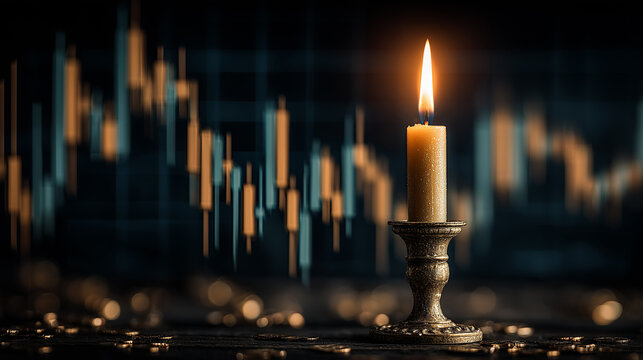 Burning candle in a metal candlestick against the background of a candlestick analysis chart.