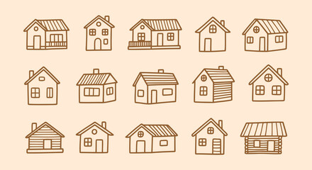 Fototapeta premium Collection of detailed line art illustrations of wooden and rustic houses, cabins, and homes in a variety of architectural styles and designs.