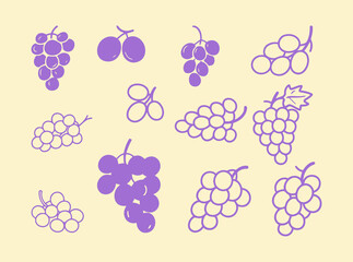 Set of purple grape illustrations with various styles, including clusters and single berries, perfect for food and drink related design projects.