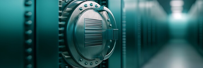 Obraz premium A close-up view of a vault door in a secure facility, highlighting its metallic texture and the corridor of safety deposit boxes behind it.