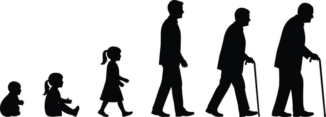 Human life cycle stages, silhouette illustration, aging process, growth and development, infant to elderly, life journey, evolution, timeline, aging, maturity