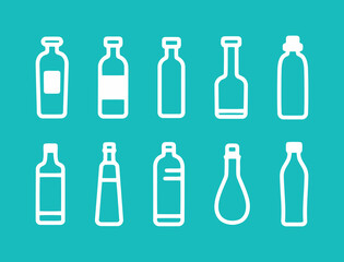 A collection of simple line art icons of various glass bottles, ideal for representing beverages, cosmetics, pharmacy products, and other liquids.