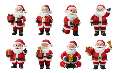 Fototapeta premium A vibrant collection of jolly holiday characters, each depicted in a traditional red suit, showcasing various poses and holding festive gifts on a transparent background