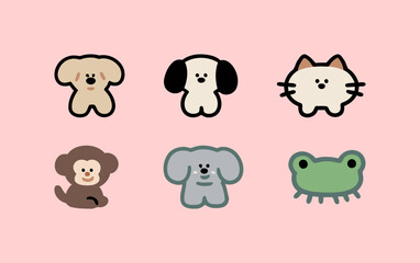 A set of cute and simple cartoon icons of animals, including a dog, cat, monkey, elephant, and frog, with a soft color palette.