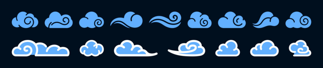 A collection of dynamic and stylized blue cloud icons, including traditional and swirling Asian-style clouds, on a dark background.