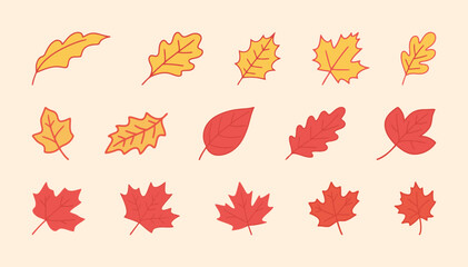 A colorful set of autumn leaf illustrations in various shapes and warm fall colors, representing the changing of seasons and nature.