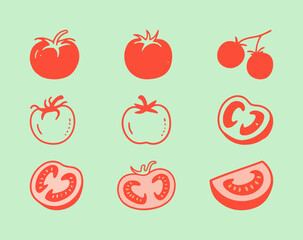 A collection of hand-drawn tomato icons in various styles, showing whole, halved, and sliced tomatoes, great for food, cooking, and grocery designs.