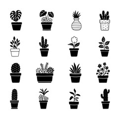 A set of black and white silhouette icons of potted plants and cacti, ideal for gardening, interior decor, and nature-themed designs.