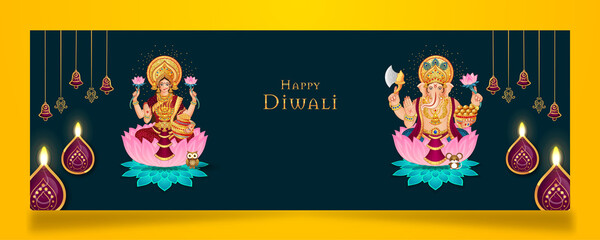 Happy Diwali banner with Goddess Lakshmi and Lord Ganesha on lotuses. Dark teal background with lit diyas for the festival of lights celebration.