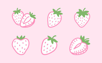 A set of cute pink and green strawberry icons in a simple, cartoonish style, representing fresh fruit and healthy food on a light pink background.