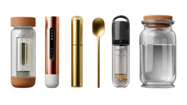 Science Instruments Display: A meticulously arranged showcase of science laboratory equipment, including glass vials and measuring tools, against a backdrop that accentuates their sleek design.