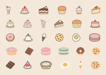 A large set of cute, hand-drawn vector illustrations of various sweet food items, including cakes, donuts, macarons, cupcakes, and more.