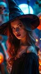 Fototapeta premium Enigmatic woman wearing a black witch hat and dark attire, surrounded by glowing pumpkins and eerie decorations, embodies the spirit of Halloween in a mystical atmosphere