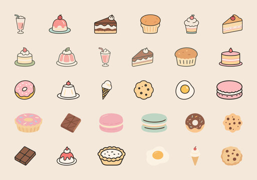 A large set of cute, hand-drawn vector illustrations of various sweet food items, including cakes, donuts, macarons, cupcakes, and more.