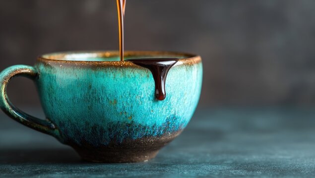 Coffee pours into teal mug - Powered by Adobe