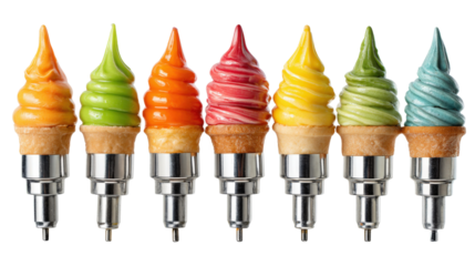 Pastry bags with nozzles filled with multicolored glaze isolated on a white background