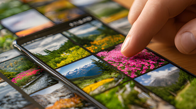 Person finger scrolling through smartphone photo gallery grid on a sunlit background. Mobilephone screen collage images with flowers landscape on a rustic isolated on blurred sunlit background 