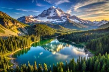 Obraz premium Scenic mountain landscape with lake reflection and lush green forest view