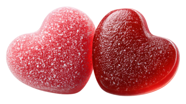 Heart-shaped candies: Two sweet, heart-shaped candies nestled side by side, their ruby-red hue glistening with sugary delight. Perfect for any sweet tooth.