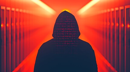 A mysterious figure in a hoodie stands in a dimly lit corridor, surrounded by vibrant red light, creating an eerie and dramatic atmosphere.