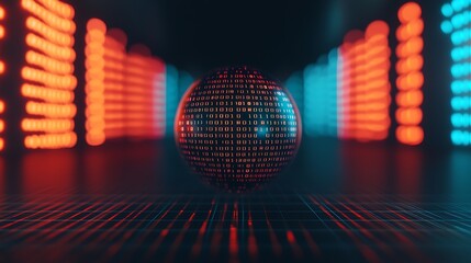 A digital sphere surrounded by glowing binary code, showcasing a futuristic data environment with vibrant red and blue lights.