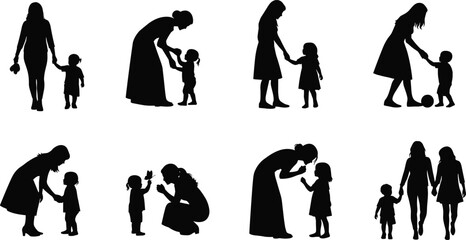Mother, child, silhouette, bonding, parenting, family, love, nurturing, relationship, illustration, black, white, care, togetherness, activity, interaction, connection, art, emotional, moment