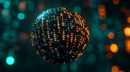 A digital sphere composed of glowing binary code surrounded by a vibrant, abstract background, representing technology and data.