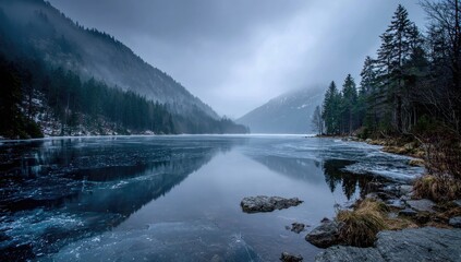 Frozen lake nestled in a misty mountain valley