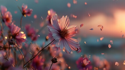 sunset over meadow with drifting flower petals in warm romantic light