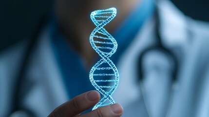 A healthcare professional examines a glowing DNA double helix model, symbolizing advancements in genetics and biotechnology.