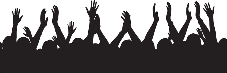  Silhouette of a crowd cheering with hands raised in celebration or support.