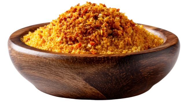 Golden Spice Treasure: A vibrant and appetizing mound of golden spices, meticulously placed in a handcrafted wooden bowl, presenting a rich tapestry of culinary possibilities.