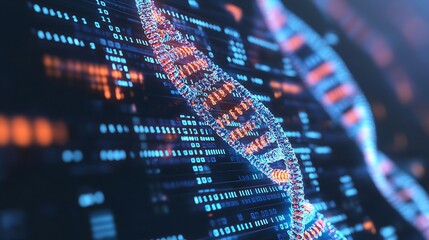 A vibrant digital representation of a DNA double helix, showcasing genetic sequences and data visualization.