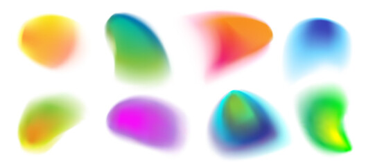 Abstract spots with a gradient of bright colors: blue, green, yellow, pink, and red. Soft blurring of the blob, neon glow. Smooth rounded shapes. Y2K vector graphics.