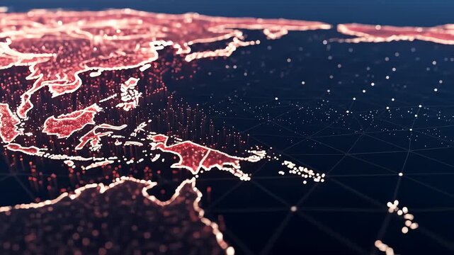 Abstract digital rendering of a world map highlighting Southeast Asia with interconnected network lines.
