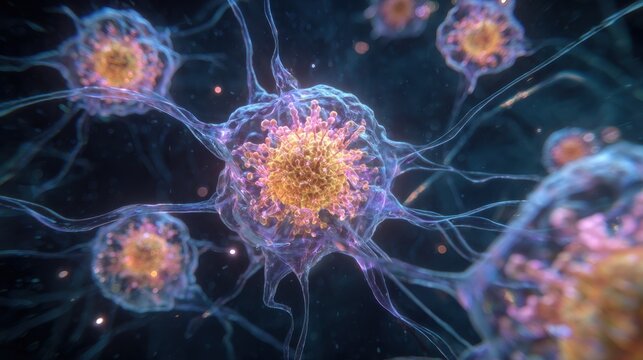 Microscopic view of epstein barr viruses infecting b lymphocyte cells, showcasing biological processes and viral infection mechanisms within human body