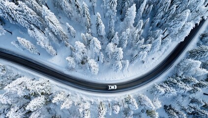 High-angle view of a winding road through a snowy forest, with a white car traveling on the road